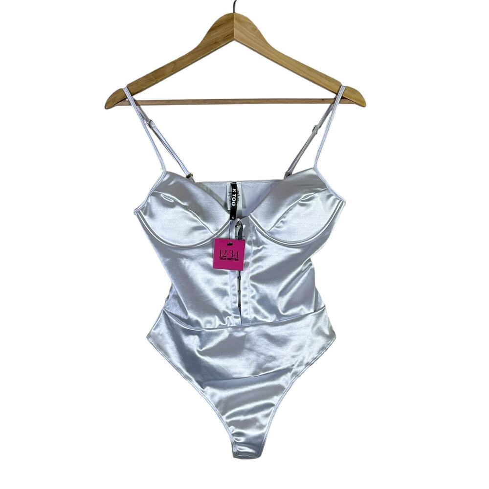 NWT K Too Corset Bodysuit Womens M White Satin Stretch Sexy Y2K Glam Night Out